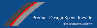 Logo of product design specialties llc featuring a blue background with a slanted gray bar, a thin red stripe, and white text stating 'innovation and creativity'.