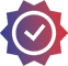 Badge with a purple radial gradient design, featuring a central purple circle with a white check mark, surrounded by a darker purple starburst pattern.
